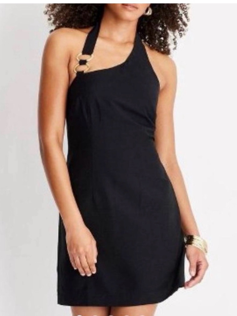 Black Asymmetrical Halter Mini Dress with Gold Ring Detail